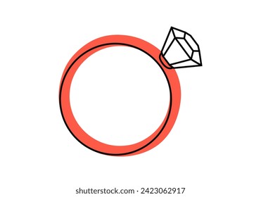 Hand drawn cute cartoon illustration of wedding ring. Flat vector engagement ring with gemstone sticker in doodle style. Propose and marriage. Valentine's Day and love concept icon. Isolated.