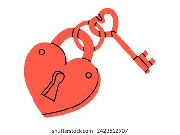 Hand drawn cute cartoon illustration of heart shaped key and closed lock. Understanding or loyalty. Flat vector perfect couple sticker in doodle style. Valentine's Day icon. Wedding vow. Isolated.