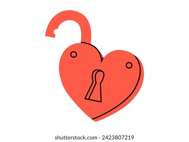 Hand drawn cute cartoon illustration of open lock in heart shape. Flat vector open to relationship, loneliness sticker in doodle style. Valentine's Day icon. Wedding vow. Isolated