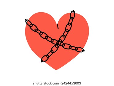 Hand drawn cute cartoon illustration of heart in chains. Flat vector abandonment of the relationship, loneliness sticker in doodle style. Valentine's Day and loyalty icon. Wedding vow. Isolated.