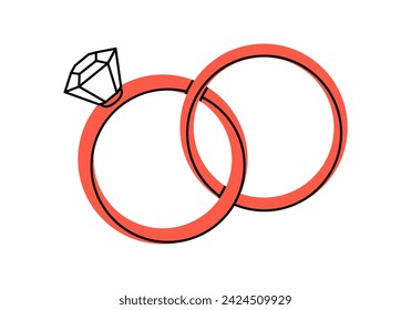 Hand drawn cute cartoon illustration of wedding rings. Flat vector engagement ring with gemstone sticker in doodle style. Propose and marriage. Valentine's Day and love concept icon. Isolated.