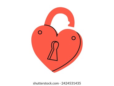 Hand drawn cute cartoon illustration of open lock in heart shape. Flat vector open to relationship, loneliness sticker in doodle style. Valentine's Day icon. Wedding vow. Isolated