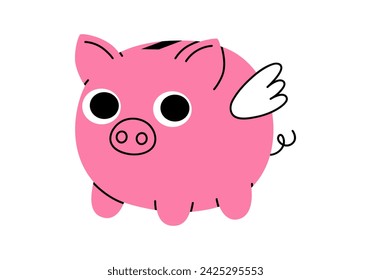 Hand drawn cute cartoon illustration of piggy bank with wings. Flat vector moneybox for savings sticker in colored doodle style. Finance or successful investment icon or print. Income growth. Isolated