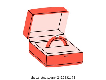 Hand drawn cute cartoon illustration of wedding ring in box. Flat vector engagement ring with gemstone sticker in doodle style. Propose and marriage. Valentine's Day and love concept icon. Isolated.