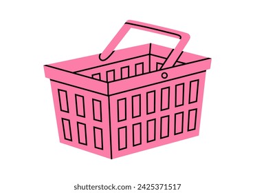 Dibujado a mano ilustración de dibujos animados lindo de la cesta de la compra vacía. Adhesivo de contenedor de compra de tienda vectorial plana en estilo doodle de colores. Icono o impresión del mercado de comestibles o del comercio electrónico. Aislado.