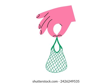 Hand drawn cute cartoon illustration of hand with shopping string or mesh bag. Flat vector shopping in store sticker in doodle style. Buying on sale icon. Delivery service or online order. Isolated.