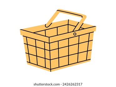 Dibujado a mano ilustración de dibujos animados lindo de la cesta de la compra vacía. Adhesivo de contenedor de compra de tienda vectorial plana en estilo doodle de colores. Icono o impresión del mercado de comestibles o del comercio electrónico. Aislado.