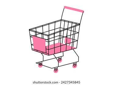 Dibujado a mano lindo dibujo animado ilustración de carrito de compras vacío. Adhesivo de contenedor de compra de tienda vectorial plana en estilo doodle de colores. Icono de mercado de comestibles o comercio electrónico con contorno. Aislado.