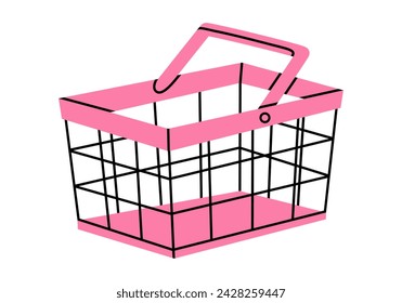 Hand drawn cute cartoon illustration of empty shopping basket. Flat vector store purchase container sticker in colored doodle style. Grocery market or e-commerce icon with outline elements. Isolated.