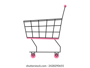 Dibujado a mano lindo dibujo de dibujos animados de la vista lateral del carrito de compras vacío. Adhesivo de contenedor de compra de tienda vectorial plana en estilo doodle de colores. Icono de mercado de comestibles o comercio electrónico con contorno. Aislado.