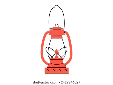 Hand drawn cute cartoon illustration of camping lantern. Flat vector outdoor fire equipment sticker in colored doodle style. Tourism kerosene lamp icon with outline. Adventure, hiking. Isolated.