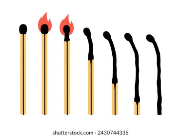Hand drawn cute cartoon illustration set of burn out and on fire match. Flat vector outdoor equipment sticker collection in colored doodle style. Wooden stick in flame icon. Mental burnout. Isolated.