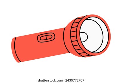 Hand drawn cute cartoon illustration of camping flashlight. Flat vector outdoor light equipment sticker in colored doodle style. Tourism pocket torch icon with outline. Adventure, hiking. Isolated.