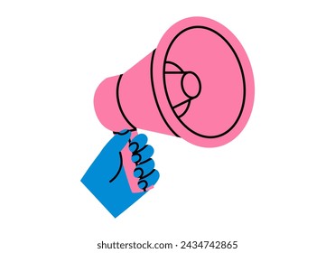 Hand drawn cute cartoon illustration hand with megaphone or loudspeaker. Flat vector promotion, advertisement sticker in doodle style. News alert icon. Communication speaker. Social protest. Isolated.