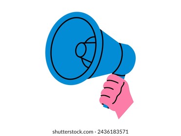 Dibujado a mano linda ilustración de dibujos animados mano con megáfono o altavoz. Vector plano de promoción, etiqueta engomada del anuncio en estilo doodle. Icono de alerta de noticias. Altavoz de comunicación. Protesta social. Aislado.