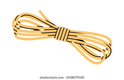 Hand drawn cute cartoon illustration of camping skein of rope. Flat vector outdoor cord for tying sticker in colored doodle style. Tourism survival icon. Adventure, hiking, climbing. Isolated.