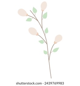 Hand drawn cute cartoon illustration of willow twig isolated on white isolated background. Easter fluffy willow in flat style. Design for Easter, postcards, packages, sticker, icon