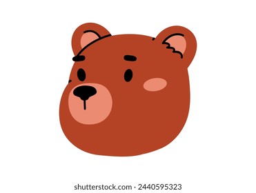 Hand drawn cute cartoon illustration of bear head. Flat vector outdoor tourism or camping character sticker in colored doodle style. Forest animal mascot icon. Adventure, hiking. Isolated.