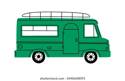 Dibujado a mano lindo dibujo animado ilustración de la camioneta de camping. Pegatina de coche de turismo al aire libre vector plano en estilo doodle de colores. Vehículo de motor para el icono del camping. Aventura, vacaciones. Casa sobre ruedas. Aislado.