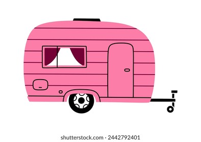 Hand drawn cute cartoon illustration camping trailer. Flat vector outdoor tourism car sticker in colored doodle style. Motor vehicle for campsite icon. Adventure, vacation. House on wheels. Isolated.