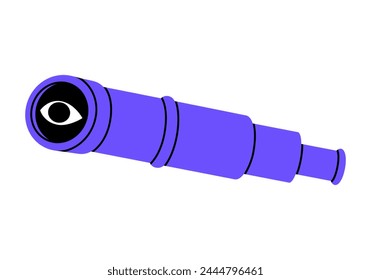 Hand drawn cute cartoon illustration camping spyglass with eye. Flat vector searching optical telescope sticker in doodle style. Career or vacancy research icon. Searching for opportunity. Isolated.