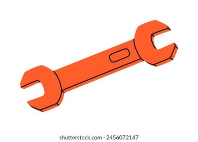 Hand drawn cute cartoon illustration of wrench or spanner instrument. Flat vector repair tool in colored doodle style. Support service hardware icon. Settings or fix problem. Find solution. Isolated.