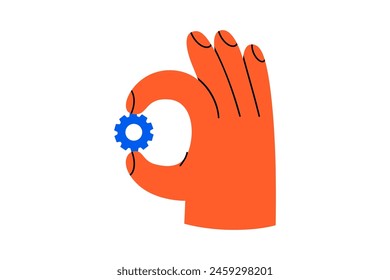 Hand drawn cute cartoon illustration hand with gear. Flat vector arm holding mechanism part in doodle style. Support service icon. Settings or fix problem. Part or cog of the team. Teamwork. Isolated.