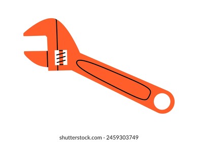 Hand drawn cute cartoon illustration of adjustable wrench or spanner instrument. Flat vector repair tool in colored doodle style. Support service hardware icon. Settings or fix problem. Isolated.