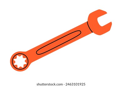 Hand drawn cute cartoon illustration of ratcheting wrench or spanner instrument. Flat vector repair tool in colored doodle style. Support service hardware icon. Settings or fix problem. Isolated.