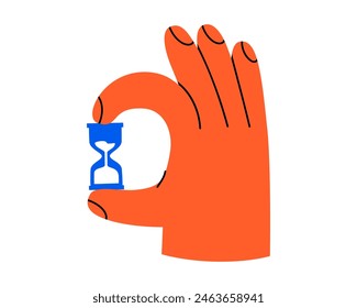 Hand drawn cute cartoon illustration hand with hourglass or sandglass. Watch counting time in arm. Flat vector timetable or schedule doodle. Planning or time management icon. Event deadline. Isolated.