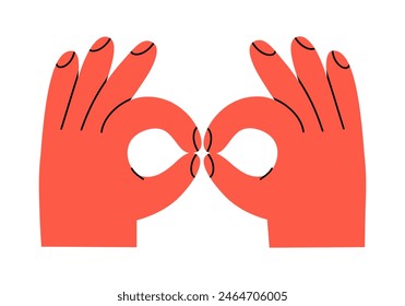 Hand drawn cute cartoon illustration binoculars hand gesture. Flat vector searching or watching arm sign sticker in doodle style. Discover or explore icon. Searching for opportunity. Isolated.