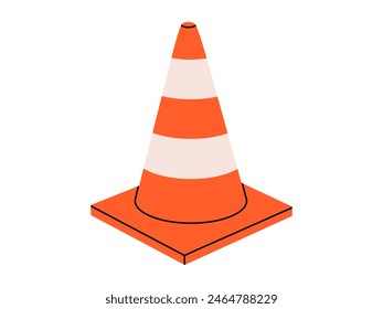 Hand drawn cute cartoon illustration of traffic cone. Flat vector road warning or caution sign in colored doodle style. Attention striped barrier icon. Stop signal. Settings or fix problem. Isolated.