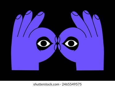 Dibujado a mano lindo dibujo animado ilustración binoculares gesto de la mano con los ojos. Vector plano buscando o viendo el brazo signo de etiqueta engomada estilo doodle. Icono de Descubra o Explore. Buscando oportunidad. Aislado.