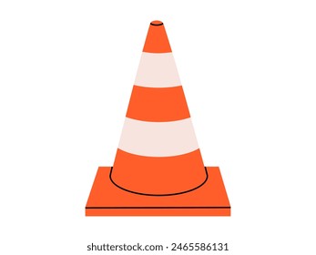Hand drawn cute cartoon illustration of traffic cone. Flat vector road warning or caution sign in colored doodle style. Attention striped barrier icon. Stop signal. Settings or fix problem. Isolated.
