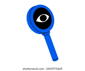 Dibujado a mano linda ilustración de dibujos animados lupa con ojo. Etiqueta de herramienta óptica de búsqueda de Vector plano en estilo doodle. Icono de Descubra o Explore. Buscando oportunidad. Análisis de datos. Aislado