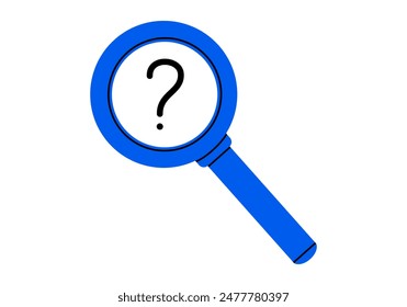 Hand drawn cute cartoon illustration magnifying glass with question mark. Flat vector optical tool sticker in doodle. Discover or explore icon. Searching for answer. Solution for problem. Isolated.