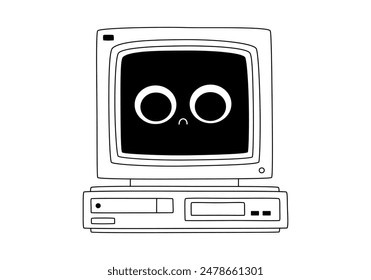 Hand drawn cute cartoon illustration retro computer character with sad face. Flat vector PC service support sticker in doodle style. Vintage system network mistake icon or print. Error 404. Isolated.