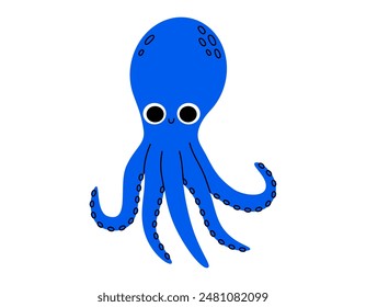 Dibujado a mano ilustración de dibujos animados lindo de pulpo sonriente personaje. Animal bajo el agua de Vector plano en estilo doodle. Calamar con icono de tentáculo o estampado. Mascota de la fauna marina. Fauna submarina. Aislado.