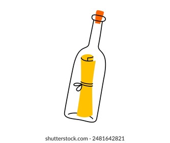 Handgezeichnete niedliche Cartoon-Illustration von Brief in Flasche. Flache Vektorgrafik Geheimmeldung im Doodle-Stil mit Umriss. Hilfe- oder SOS-Notizensymbol oder Drucken. Hoffnung auf Rettung. Kommunikation auf See. Isoliert.