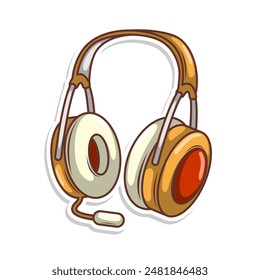 Hand drawn cute cartoon illustration of wireless headphones. Flat vector headset sticker in simple colored doodle style.