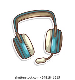 Hand drawn cute cartoon illustration of wireless headphones. Flat vector headset sticker in simple colored doodle style.
