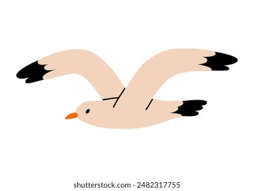 Hand drawn cute cartoon illustration of seagull flying character. Flat vector ocean or sea coastal gull bird in doodle style. Animal marine mascot icon or print. Beach seabird wildlife. Isolated.