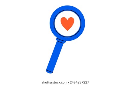 Hand drawn cute cartoon illustration of magnifying glass with heart on lens. Flat vector searching for love doodle style. Find perfect match icon. Dating online app print. Romantic feelings. Isolated.