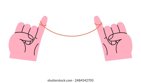 Hand drawn cute cartoon illustration two hands with red thread. Flat vector rope tied on little finger doodle style. Connection or family ties icon. Love romantic couple print. Forever bond. Isolated