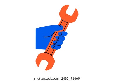 Hand drawn cute cartoon illustration hand wrench or spanner instrument. Flat vector repair tool in arm colored doodle style. Support service hardware icon. Settings or fix problem. Isolated.