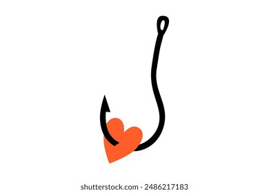 Hand drawn cute cartoon illustration of heart on fishing hook. Flat vector falling in love doodle style. Abusive relationships. Find perfect match icon. Dating app. Romantic false feelings. Isolated.