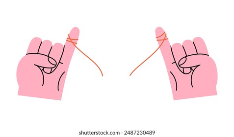 Hand drawn cute cartoon illustration two hands with broken red thread. Flat doodle vector rope tied on little finger. Relationship problem icon. Divorce, quarrel, breaking up print. Isolated.