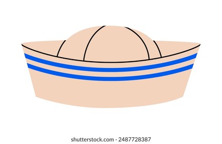 Handgezeichnete niedliche Cartoon-Illustration von Seemann-Hut. Flache Vektorgrafik Marine Uniformmütze im Doodle-Stil. Kopfbedeckung für Schiff oder Boot Seemann Symbol oder Druck. Ferien oder Urlaub Sommerkostüm. Isoliert.