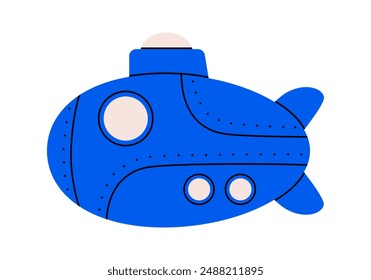 Hand drawn cute cartoon illustration of submarine. Flat vector underwater boat in doodle style. Sea or ocean water vehicle icon or print. Vacation or holiday summer tourist trip. Isolated.