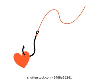 Dibujado a mano ilustración de dibujos animados lindo del corazón en el gancho con la línea de pesca. Vector plano que cae en el garabato del amor. Relaciones abusivas. Encuentra el ícono de coincidencia perfecta. Sentimientos románticos de codependencia. Aislado.